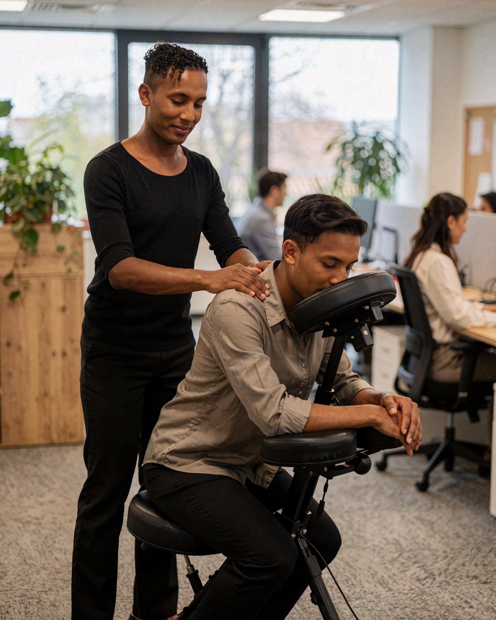 Séance de massage assis lors d’une journée bien-être en entreprise