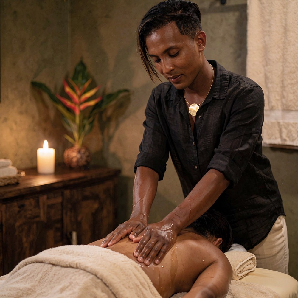 Christopher « BB » Camachetty lors d’une séance à domicile, les mains sur le dos d’un client, ambiance tamisée à la bougie