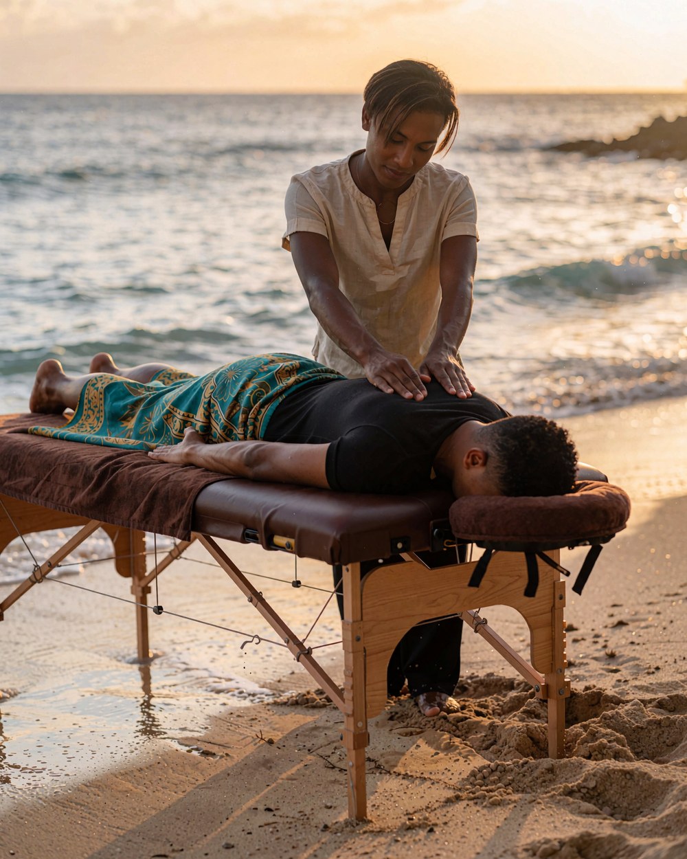 Massage sur la plage au coucher du soleil, table installée face à l’océan